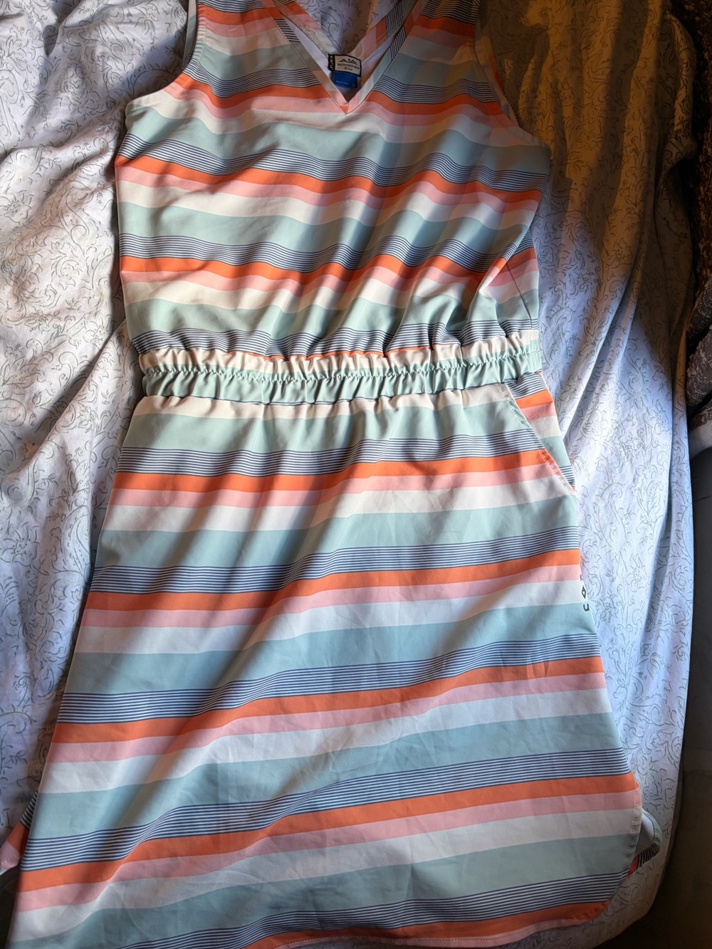 Kavu Striped Sleeveless Dress in Mint, Coral & Navy
